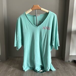 Mint Alpha Chi Omega shirt with coral wiring on back - Size Large
